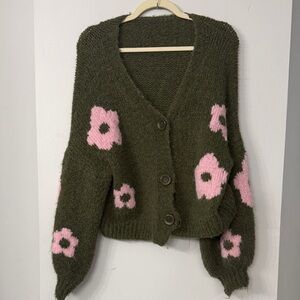 Valentina Made in Italy Olive & Pink Flower Chunky Knit Slouchy Cardigan size L